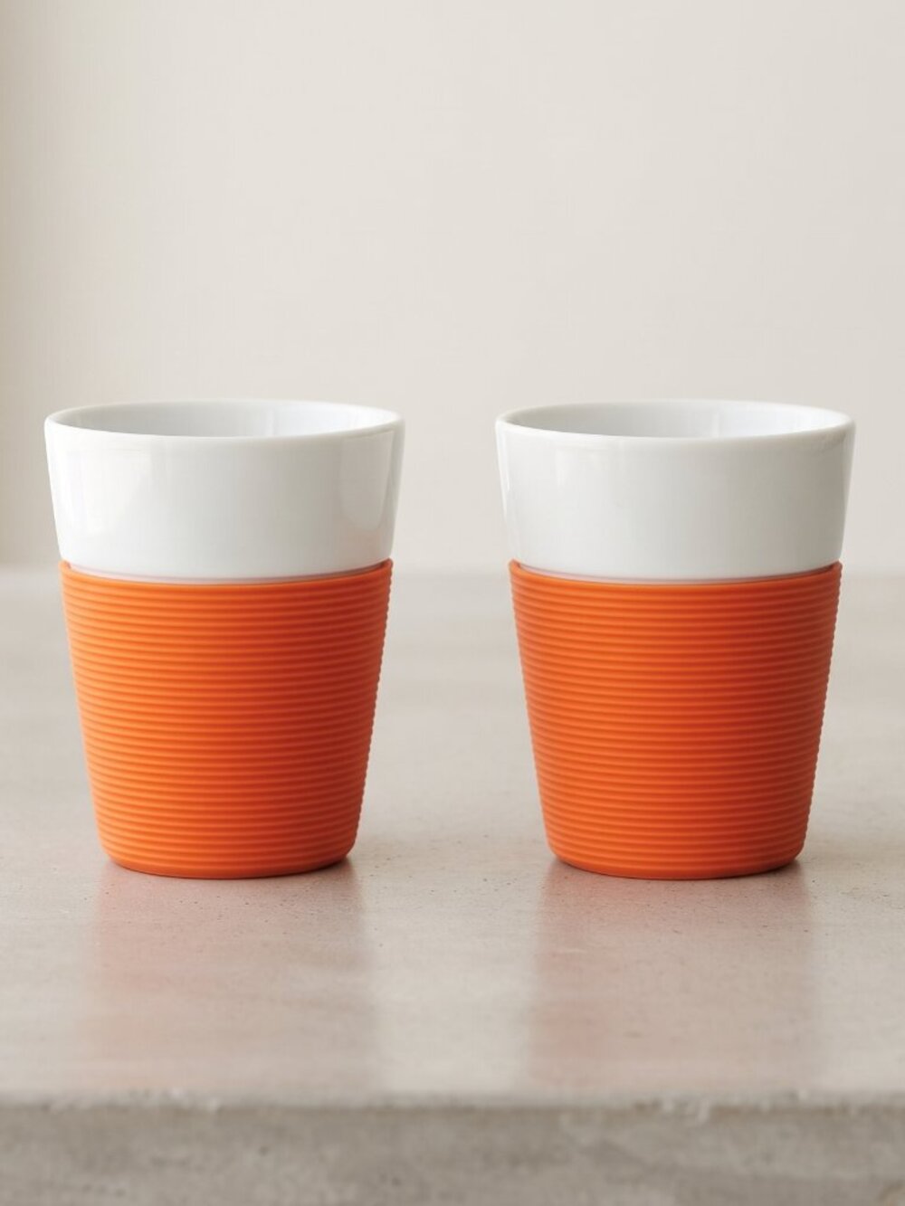 Bodum Bistro Porcelain Cup Sleeve White Orange Switzerland Set of 2 - 4"